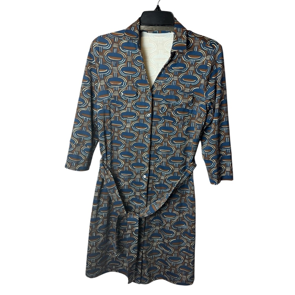 J McLaughlin Catalina Cloth Shirt Dress Belt Brown Navy XS
